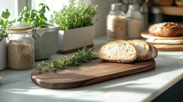 Chlieb a bylinky na doske